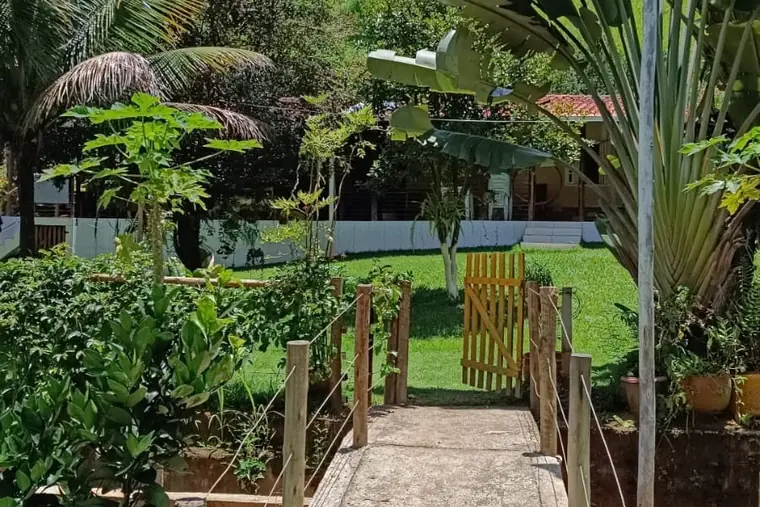 Pátio com vegetação e portão de entrada, em unidade de acolhimento da rede em Minas Gerais