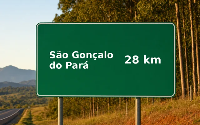 Placa de estrada indicando São Gonçalo do Pará a 28 km
